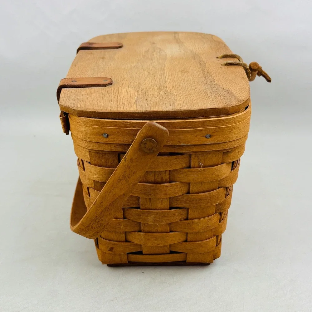 Vintage Longaberger Small Wood Picnic Basket Moving Handle Brown Handwoven 1991